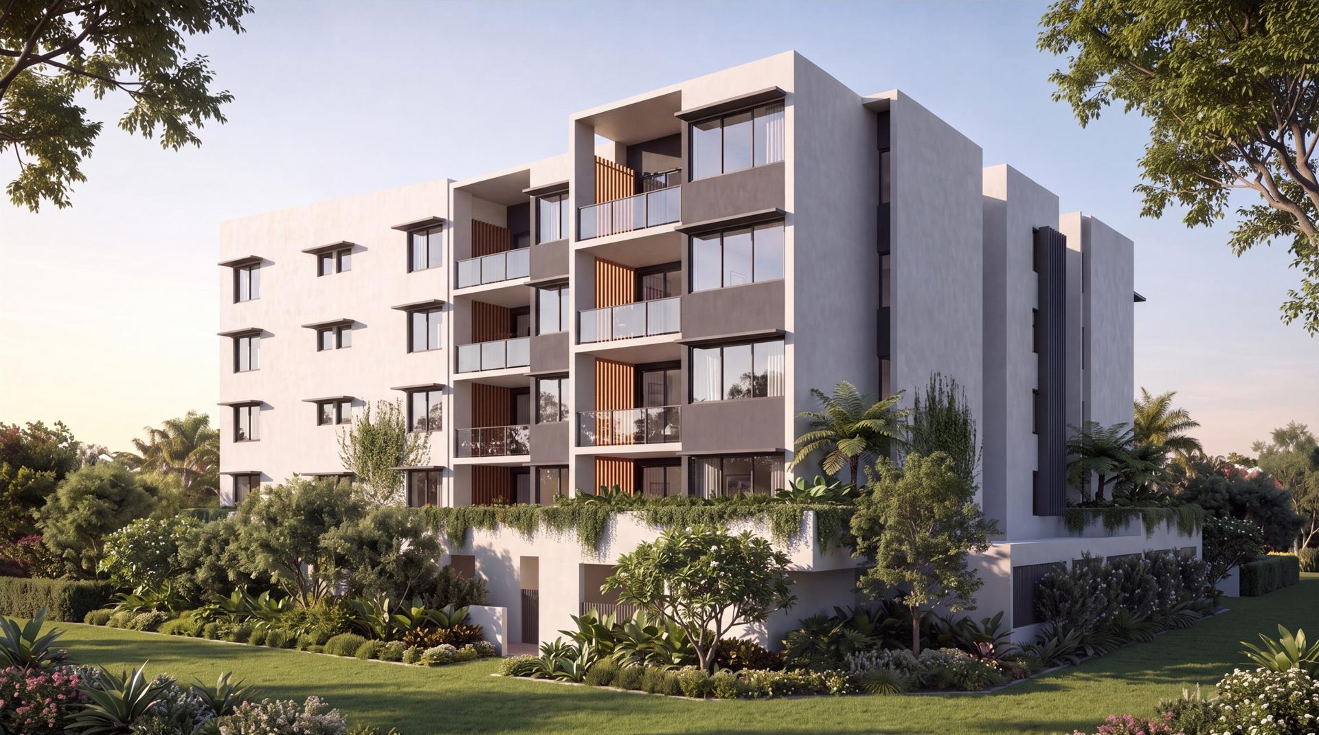 Landscaped side elevation of Sirius Apartments